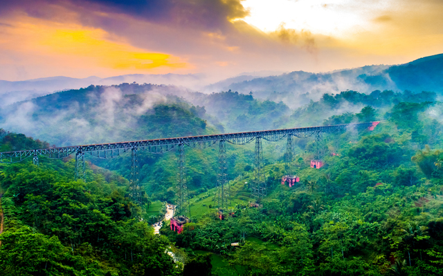 Aerial view of Cikubang Bridge in West Java, the longest active train bridge in Indonesia