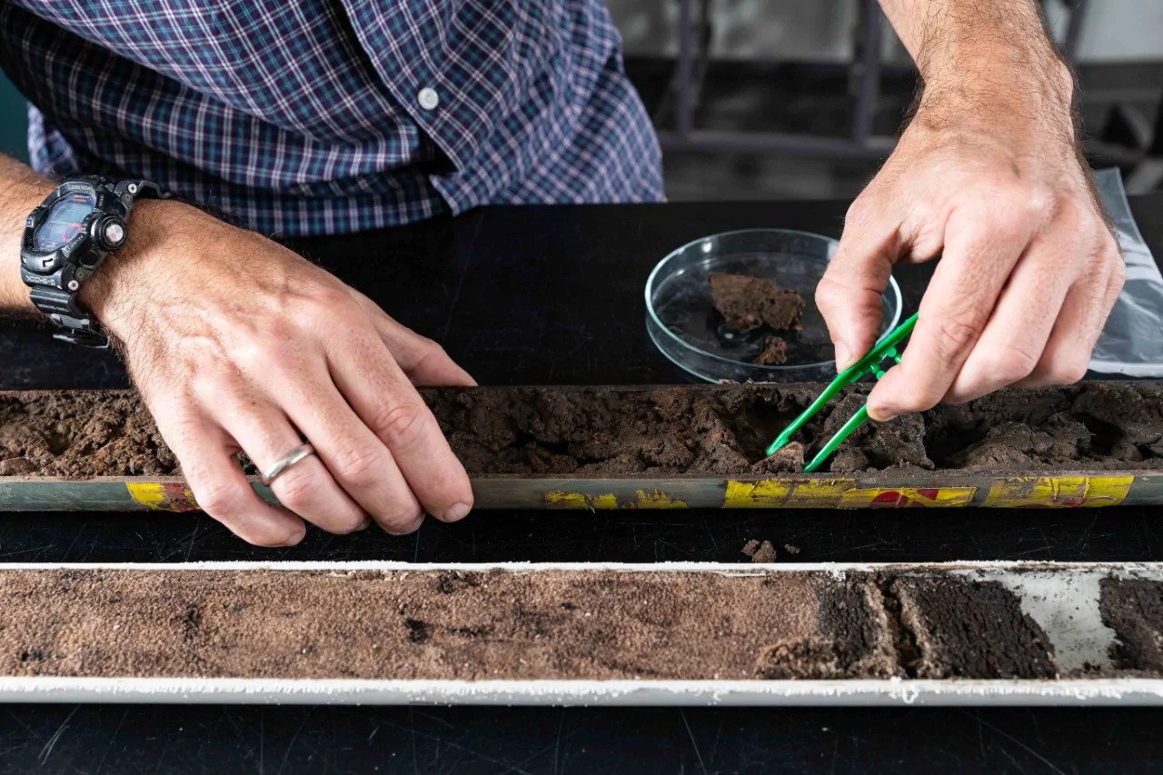 Split sediment cores reveal layers of history. In the petri dish are ceramic fragments, sometimes found in these environmental archives.