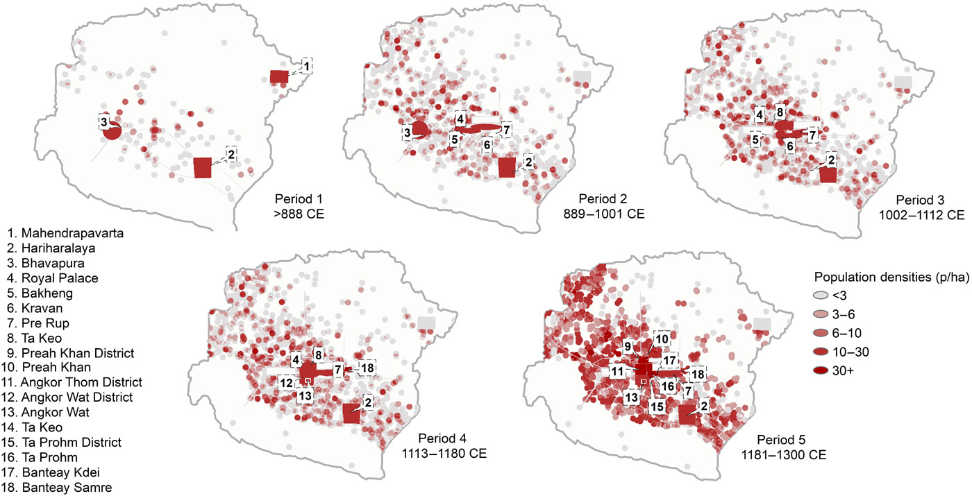 Densities of people per hectare in the Greater Angkor Region over time. Image courtesy of Sarah Klassen, Alison K. Carter, Damian H. Evans, Scott Ortman, Miriam T. Stark, Alyssa A. Loyless, Martin Polkinghorne, Piphal Heng, Michael Hill, Pelle Wijker, Jonathan Niles-Weed, Gary P. Marriner, Christophe Pottier, and Roland J. Fletcher.