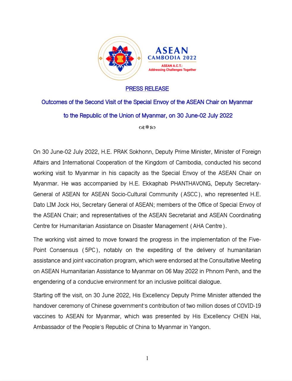 Outcomes of the Second Visit of the Special Envoy of the ASEAN Chair on Myanmar to the Republic of the Union of Myanmar, on 30 June-02 July 2022