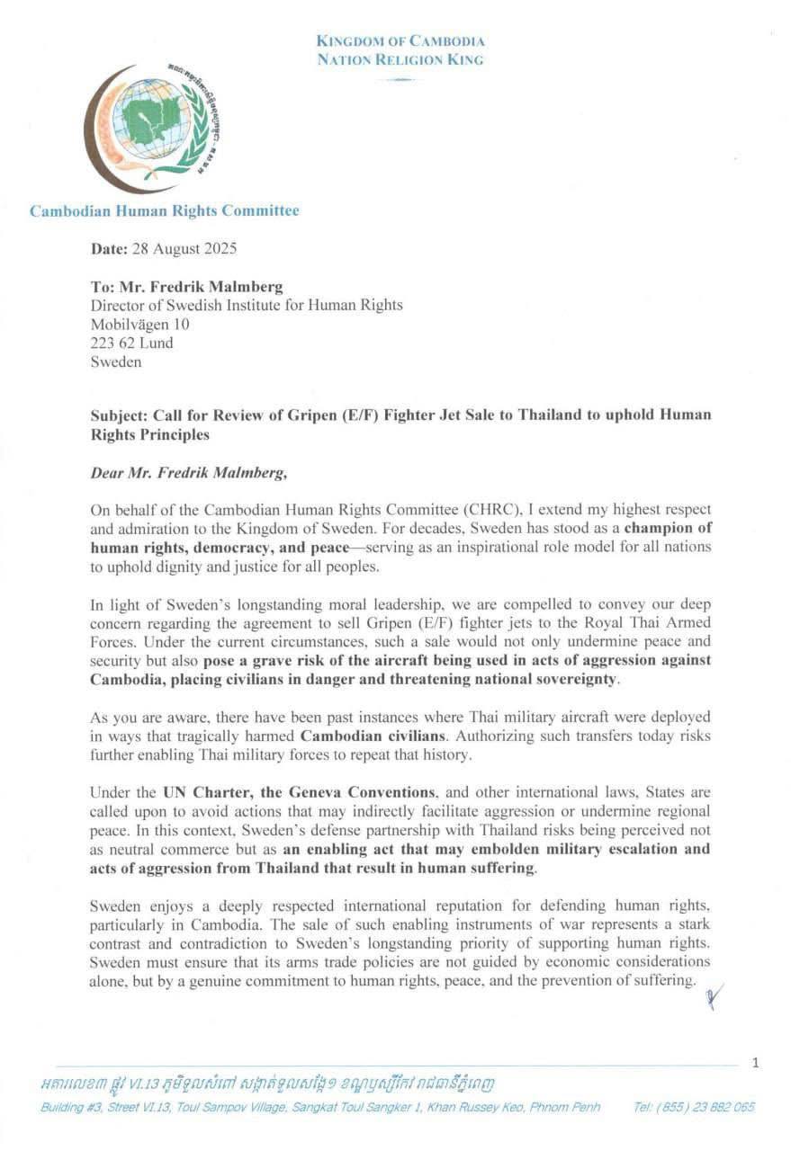 CAMBODIAN HUMAN RIGHTS COMMITTEE CALLS ON SWEDEN TO REVIEW JET SALE TO THAILAND, POSING RISK TO CIVILIANS